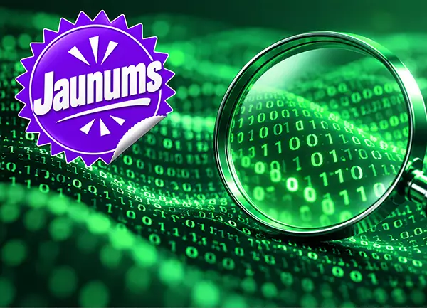 Jaunuma emblēma un palielināmais stikls virs digitāliem meklēšanas datiem
